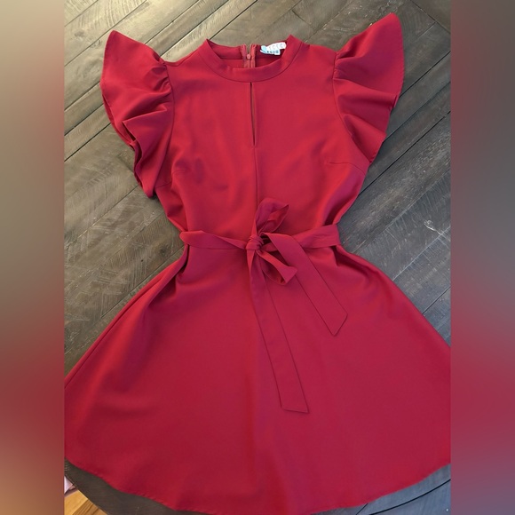 TCEC Elegant Dark Red Flutter Sleeve Tie Waist Dress – Size Large - Picture 7 of 7